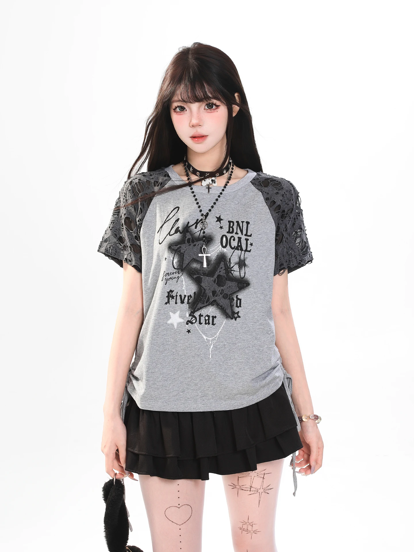 Y2K Light Subculture Short Sleeve T-Shirt Women Summer Drawstring Loose Slimming Beautiful Top Casual Style round Neck
