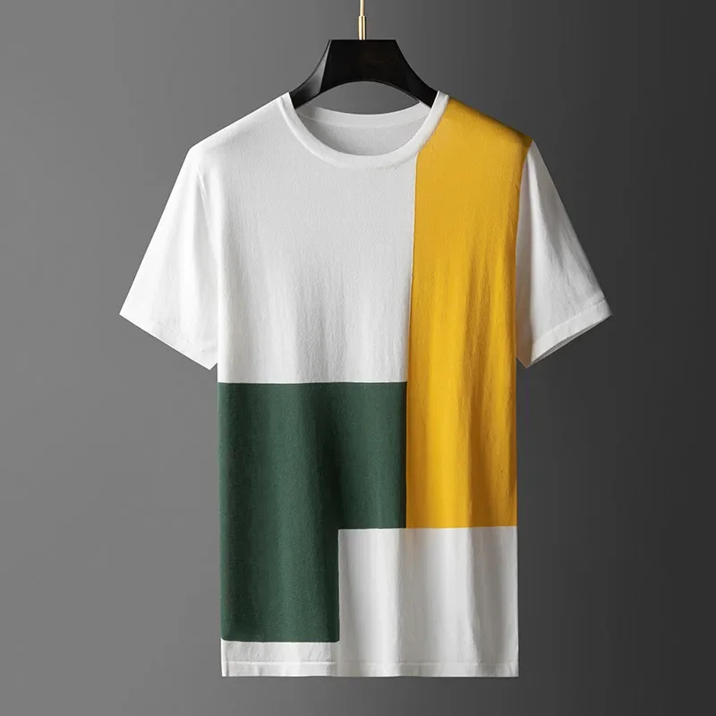 Men's Color Block Geometric T-Shirt Black Yellow Green Casual Short Sleeve Fashion Slim Fit Top