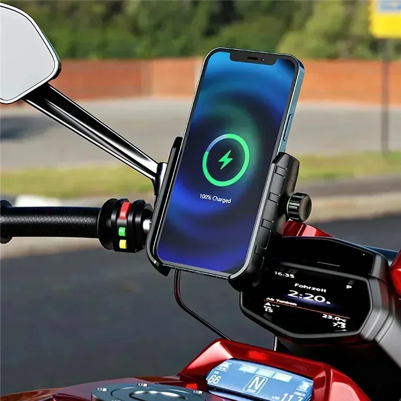 VIKEFON Motorcycle Phone Holder Mount Wireless Charger Moto Motorbike Mirror Stand Support USB Fast Charging Cellphone Handlebar