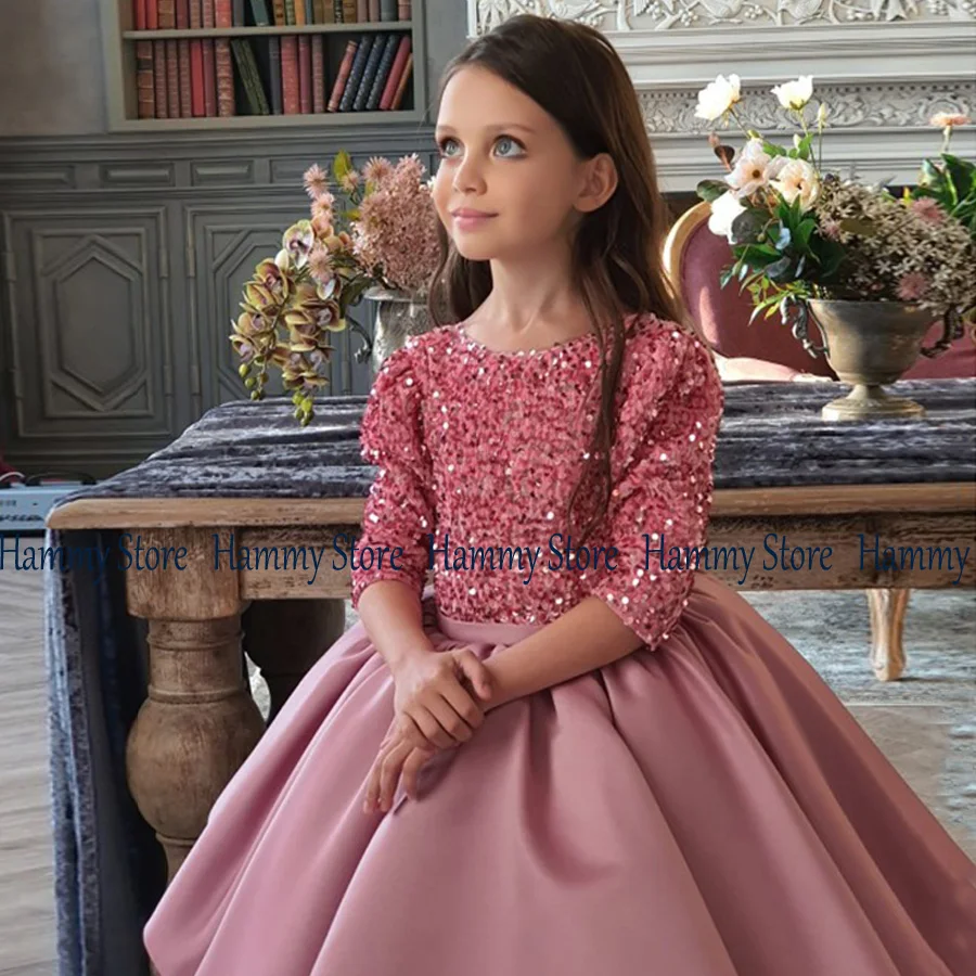 Bambini Flower Girl Dress girocollo mezze maniche paillettes Satin A Line Ball Gown lunghezza al ginocchio abiti da compleanno per la prima comunione