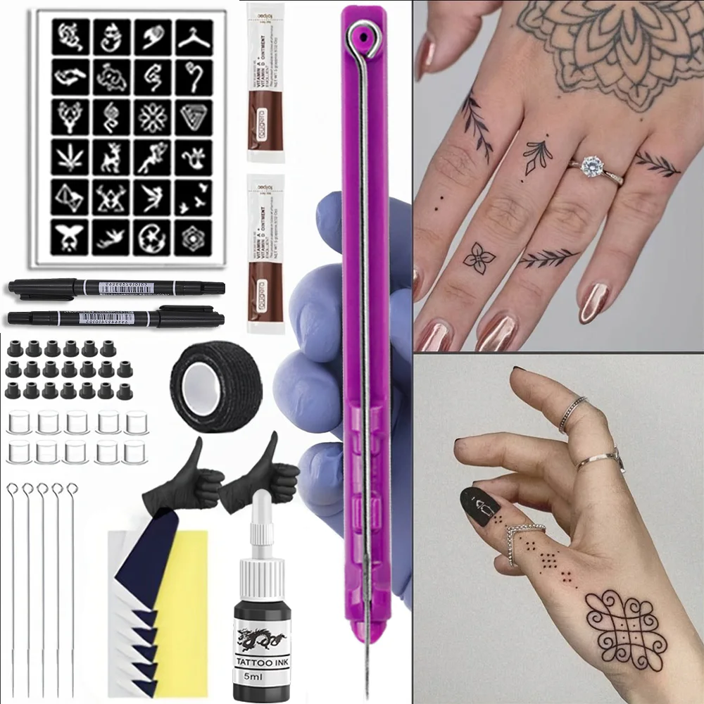 

3D DIY Hand Poke Tattoo Kit Professional Tattoo Needle Holder Set with Stick and Poke Needle for Body Art Makeup Tattoo Beginner