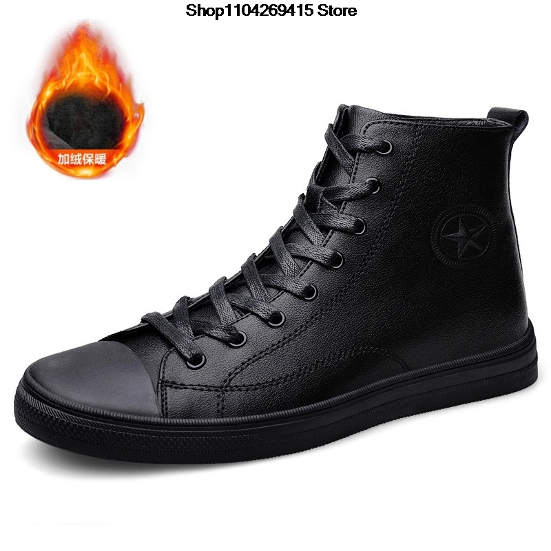 Autumn New Shoes for Man Cow Leather Casual Shoes High Top Black Flat Skateboard Inner Height 5cm Shoes Winter Warm ANKLE Boots