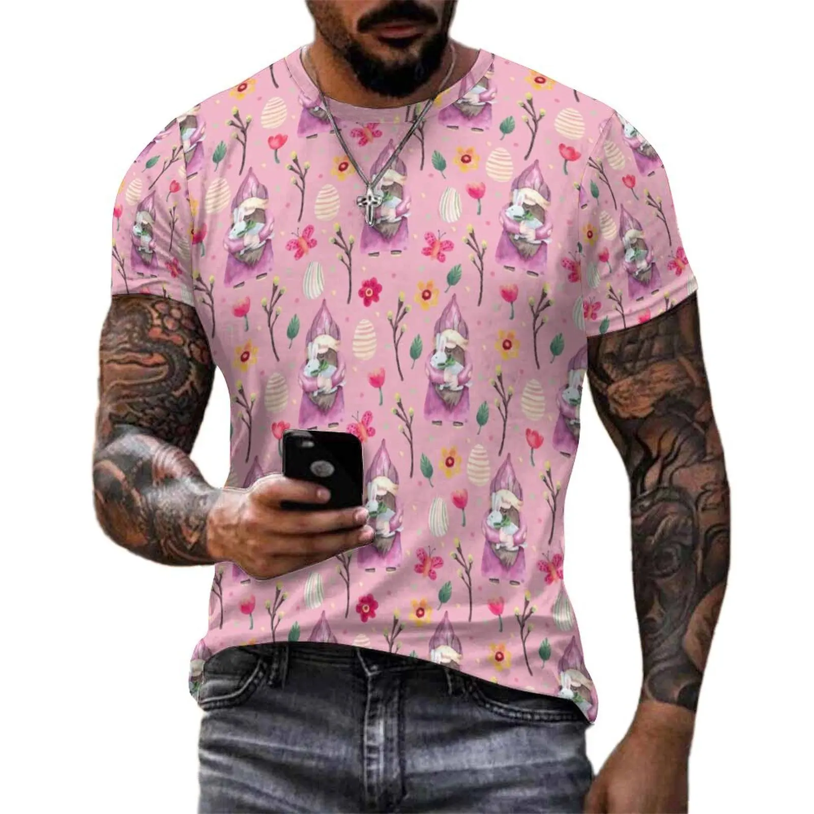 Pink Easter Day T-Shirt For Men Cute Rabbit Print Custom O Neck T Shirts Summer Fashion Tops Short Sleeves Plus Size Tees