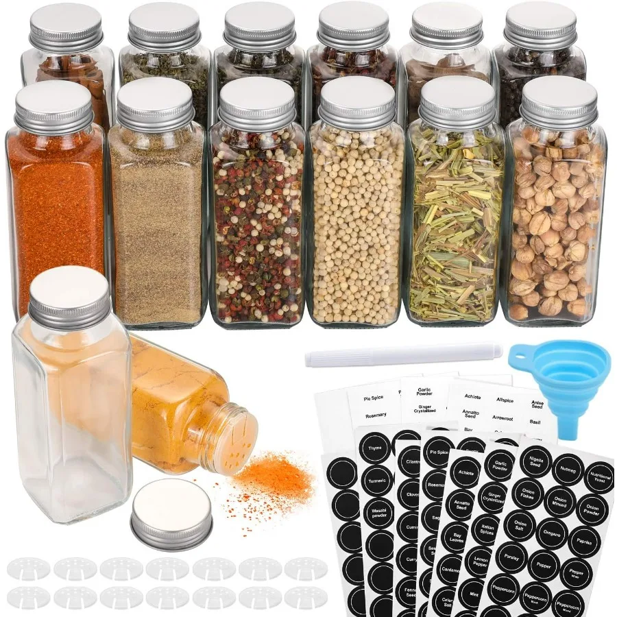 

14 Pcs Glass Spice Jars with Spice Labels for Kitchen Organization 8oz Empty Square Spice Bottles with Shaker Lids and Airtight