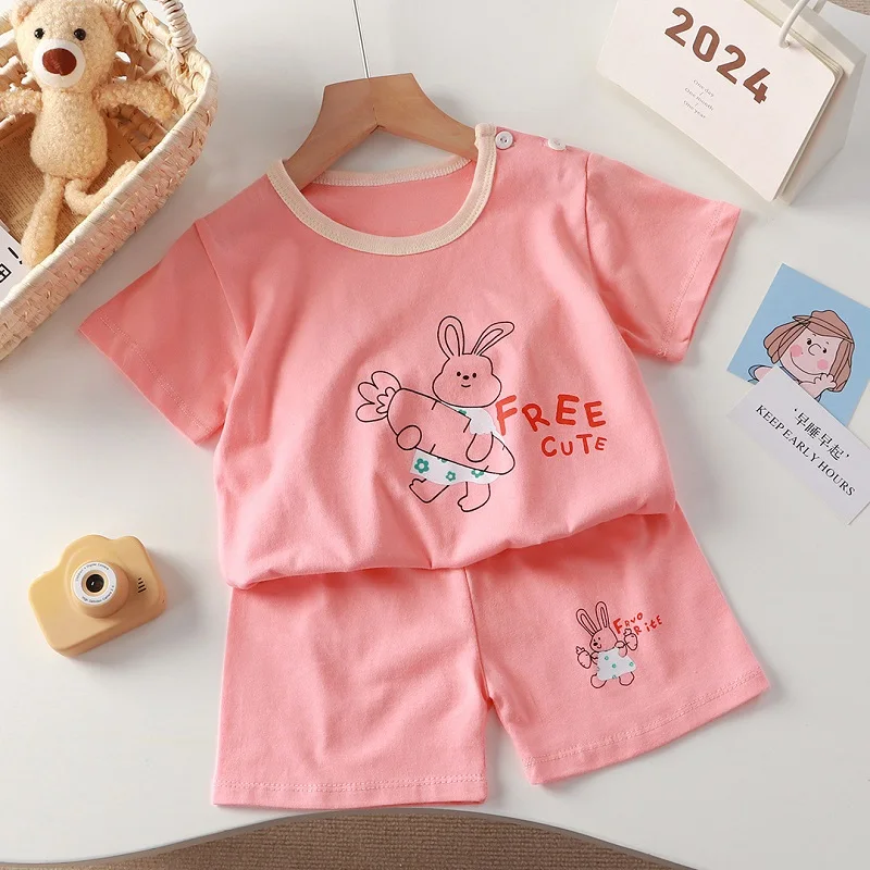 New summer baby clothes 0-4 years old boy cartoon bear T-shirt shorts pink cute cotton girl short-sleeved top suit