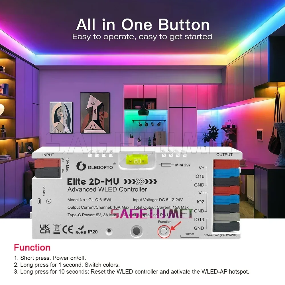 وحدة تحكم GLEDOPTO Elite ESP32 WLED سلكية إيثرنت صوت تفاعلي توفير الطاقة مرحل 20A مصهر ديناميكي RGBIC WS2811 WS2812 SK6812