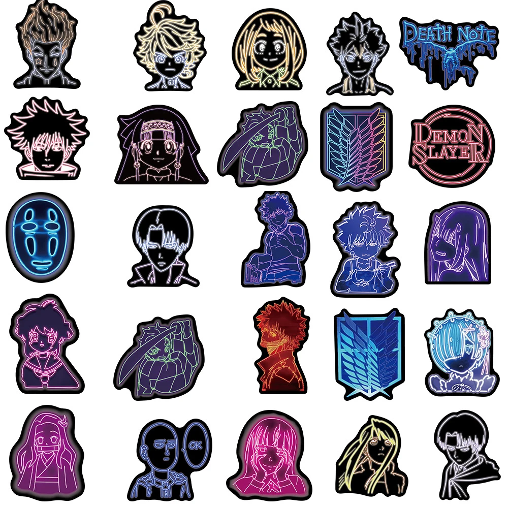 10/30/50PCS Mix Anime Neon Light Naruto One Piece Dragon Ball Stickers Decals DIY Scrapbook Laptop Guitar Suitcase Stickers Gift