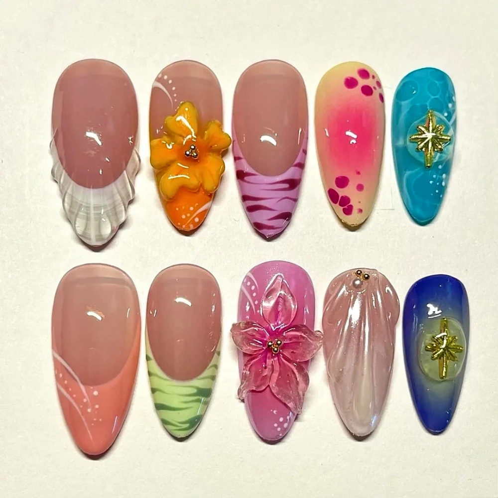 10Pcs Handmade Manicure Medium Almond Fake Nails New Cute 3D Limited Nails Press On Nails Design with Adhesive Nail File Set