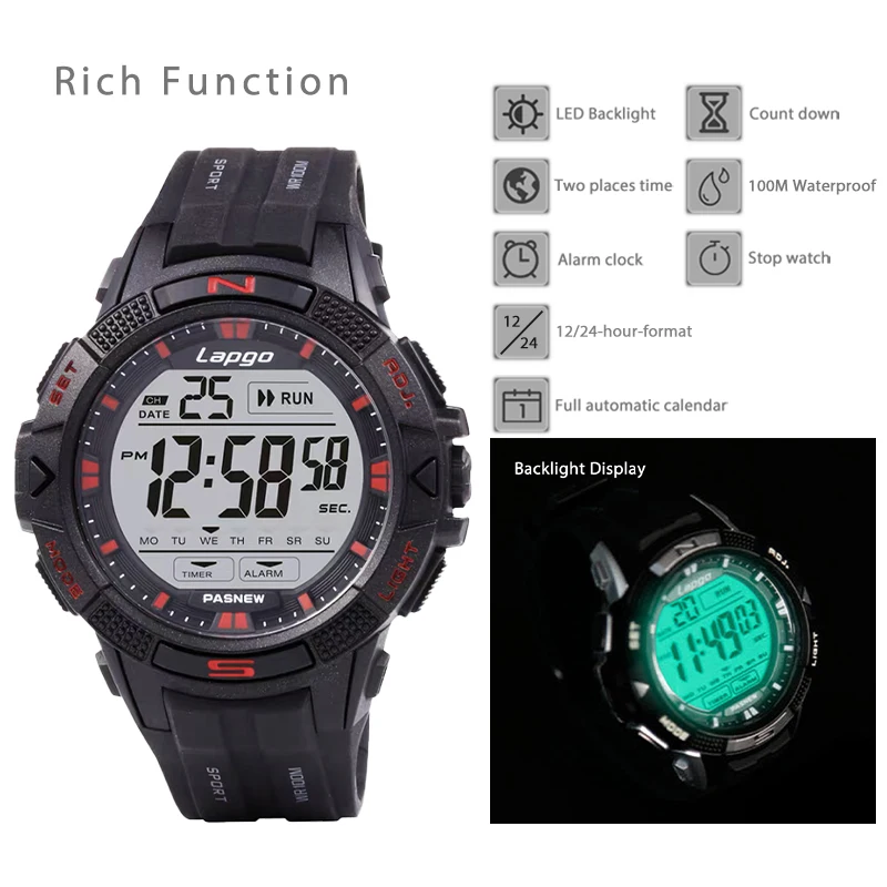 ساعات رقمية متعددة الوظائف للرجال ، أسود ، مقاوم للماء ، مضيئة ، عادية ، ساعة اليد ، الرياضة ، LED ، ساعات المعصم الإلكترونية ، موضة الذكور