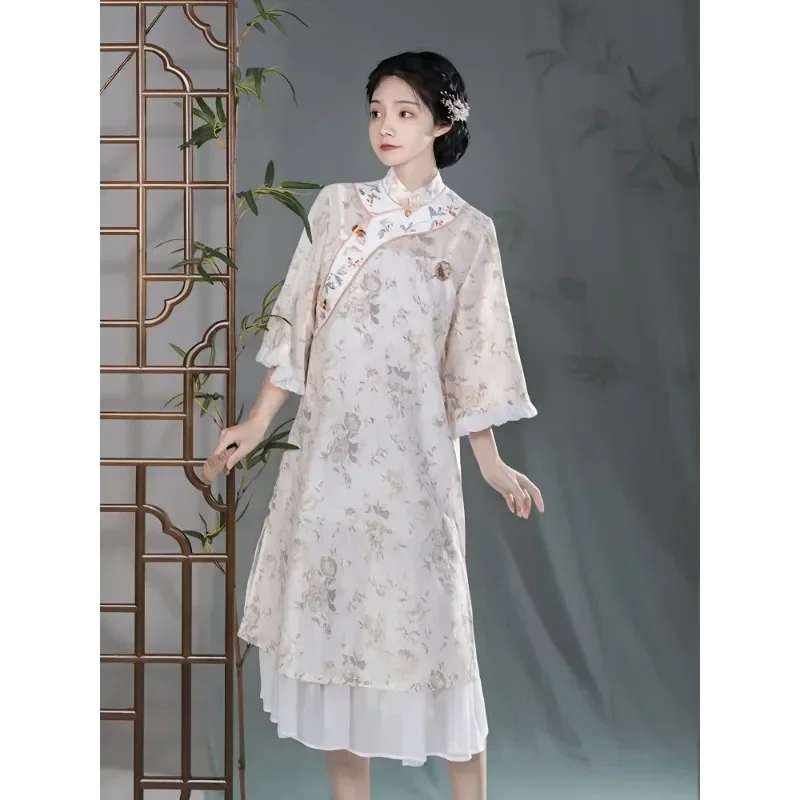 Chinese Traditional Women Qipao Dress Flower Printed Three Quarter Sleeve Round Neck Modified Modern Cheongsam Evening Dress