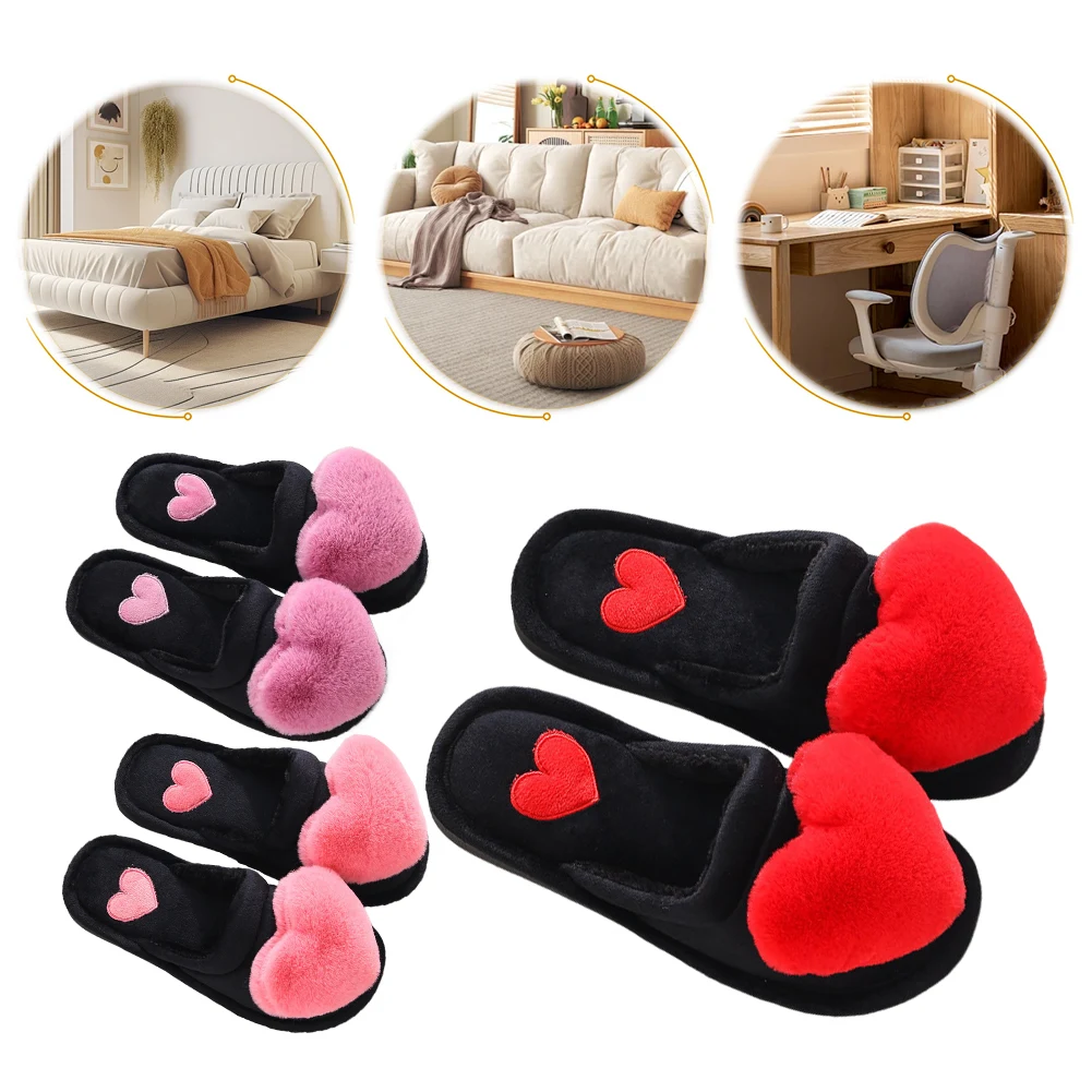 Women Plush Heart Slippers Closed Toe Slippers Comfortable Slip-on House Shoes Breathable Cute Furry Slippers for Autumn Winter