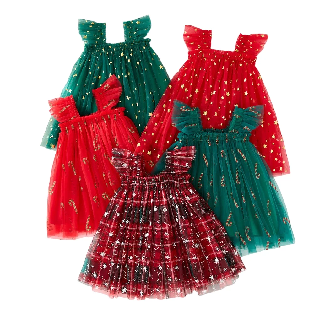 Christmas Kids Baby Girls Casual Dress Sleeveless Square Neck Star/Plaid Print Xmas Party Tutu Tulle Dresses Clothes