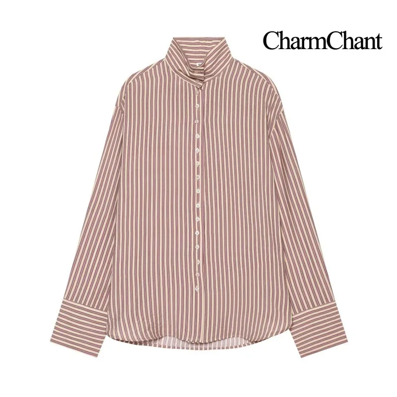 CHARMCHANT Womens Long Sleeve Shirt Vertical Stripe Band Collar Contrast Yoke Drop Shoulder Loose Fit Button Front Spring 2026