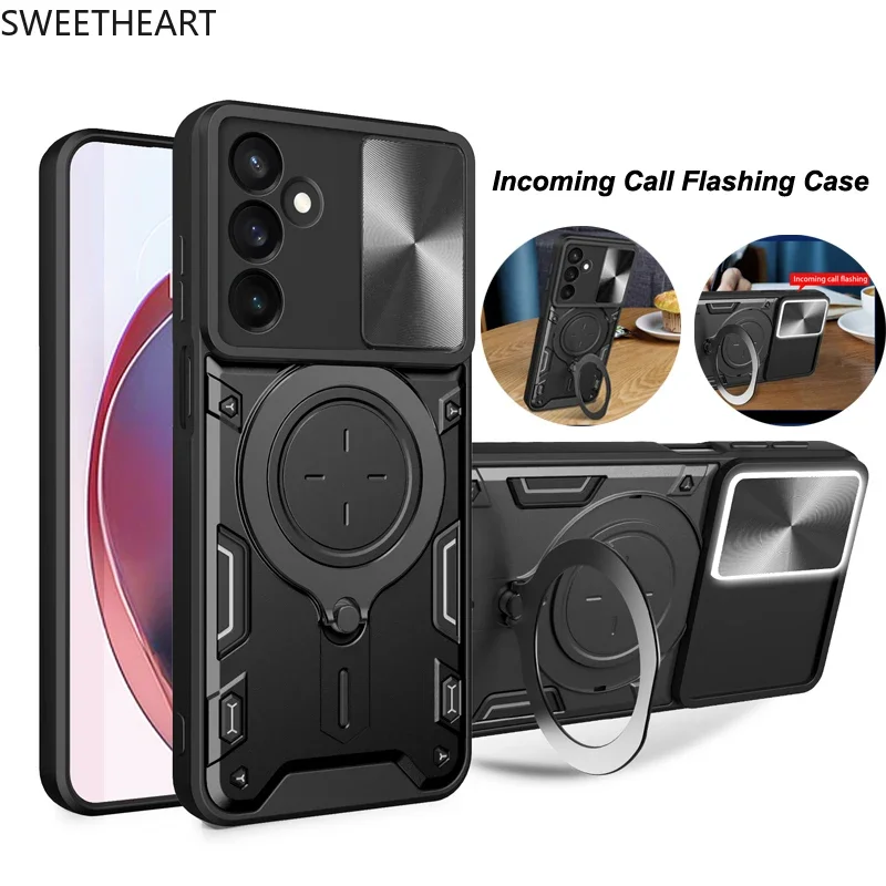 Armor Magnetic Metal Ring Rotation Case For Samsung Galaxy A55 A25 A73 A72 A71 A54 A53 A52 A51 A35 A34 5G Incoming Call Flashing