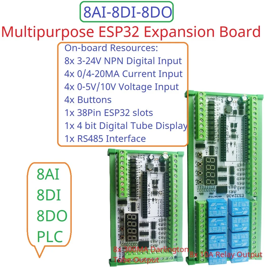 ESP32 Expansion Board 8-Ch Relay 4-20mA/0-10V RS485 WiFi MQTT Ethernet PLC Analog Digital IO Module for Smart Home Automation