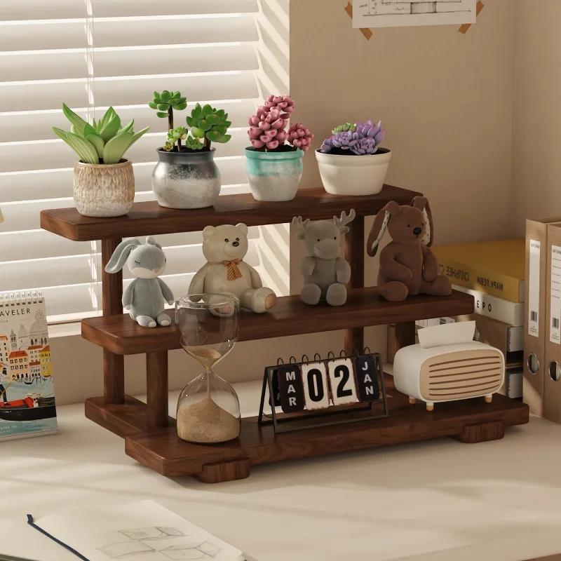 Solid wood trapezoidal shelf Multi-layer storage rack Household living room Home goods Green plant flower stand Desktopfinishing