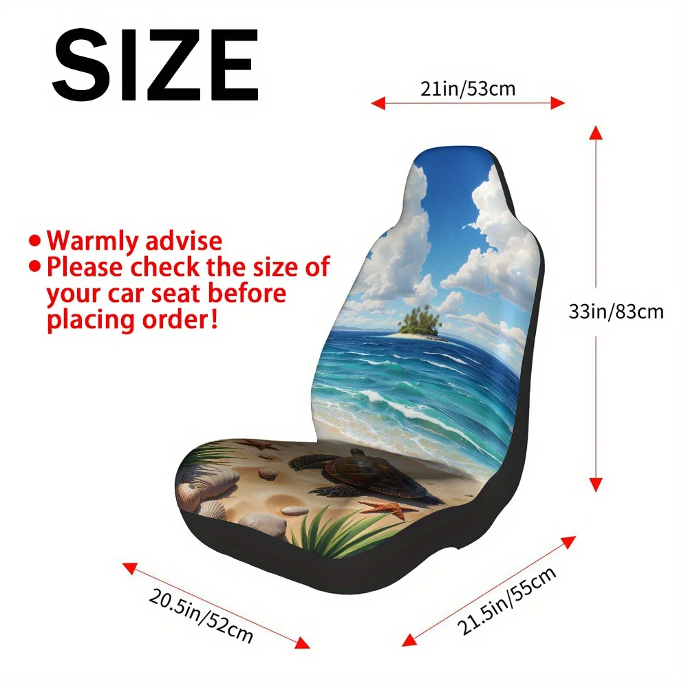 2pcs Tropical Beach Sea Turtle Ocean Landscape Car Seat Covers - Foldable Soft Polyester, Vibrant & Green Design With Palm Trees