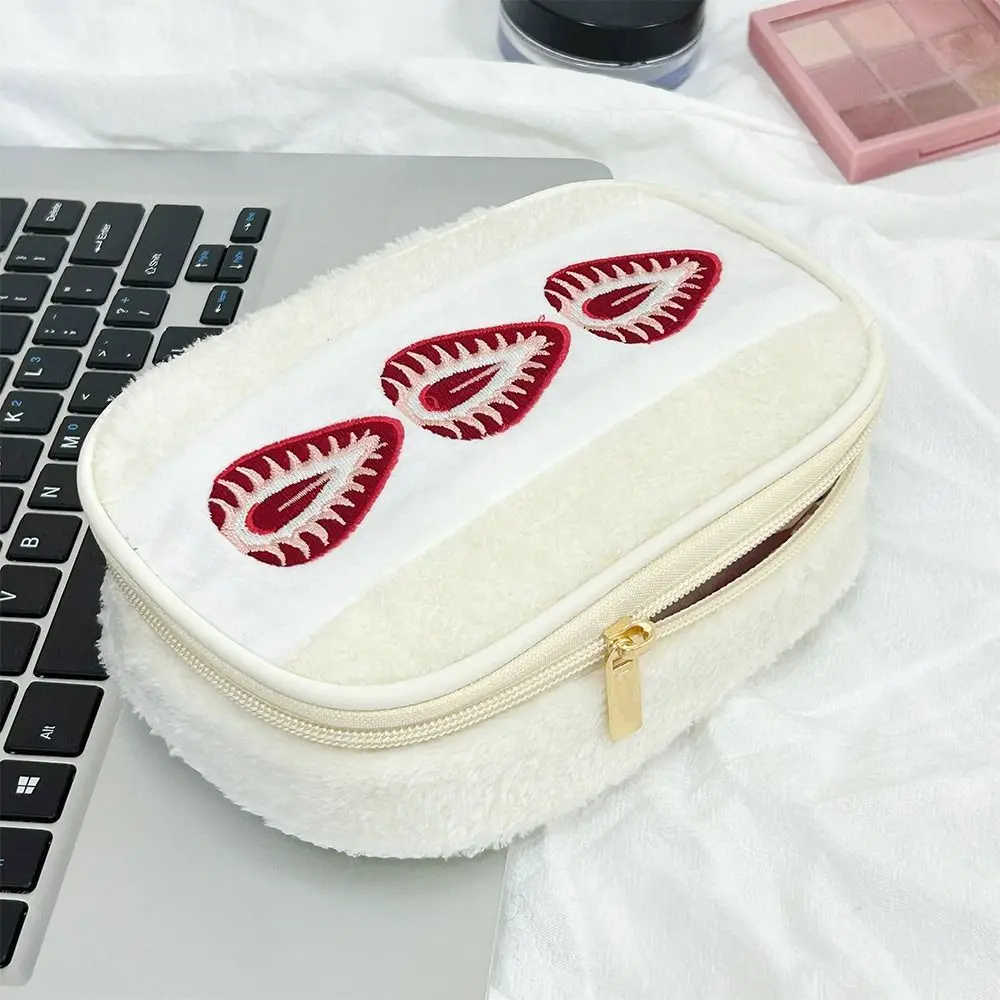 Durable Fuzzy Pen Bag Cute Embroidered Strawberry Sandwich Pencil Case Multi-functional Cosmetic Bag School Office
