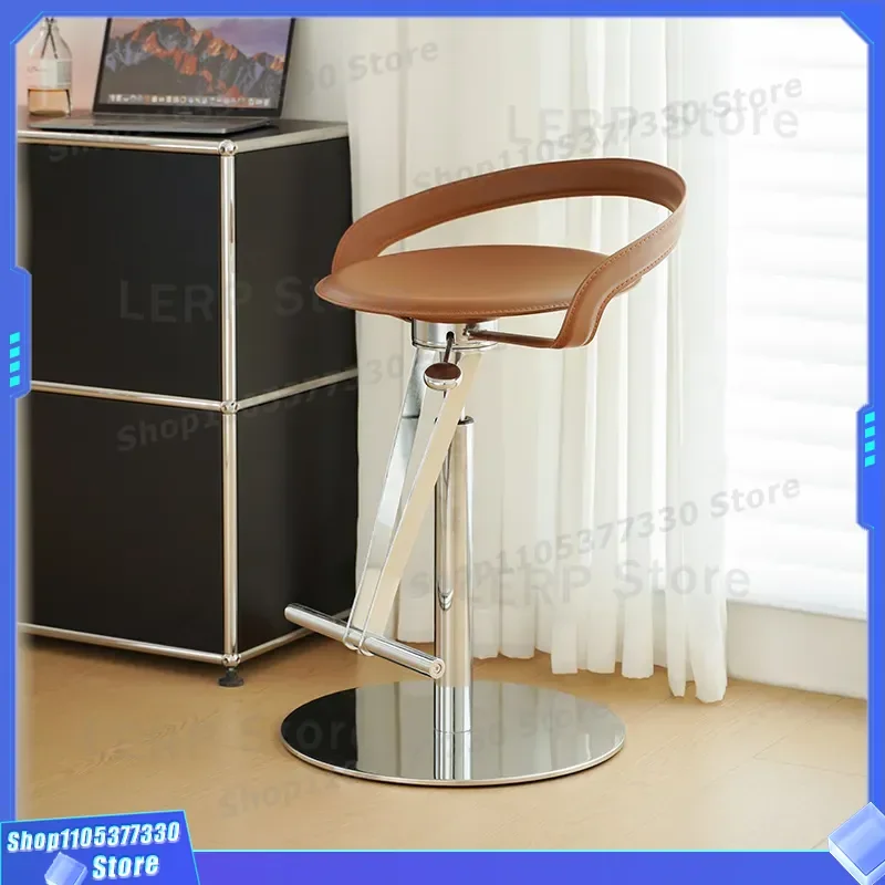 Nordic Luxury Saddle Leather Bar Stool Designer Rotating Lift High Chair Modern Household Counter Seat Adjustable Swivel
