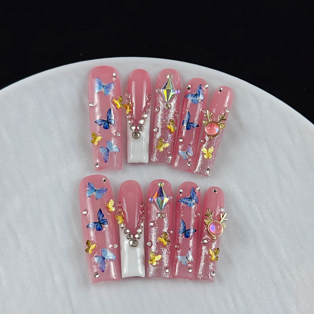 10pcs High-end Vintage heavy-duty style, hand-painted butterfly, dazzling cluster of diamonds handmade fake nails