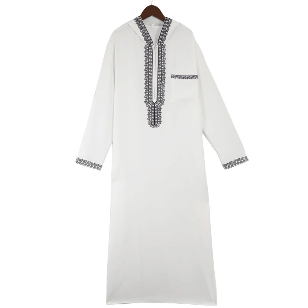 Túnica masculina muçulmana marroquina de mangas compridas com capuz bordado, design islâmico, robe masculino solto, Jelleba, roupa tradicional para festas.