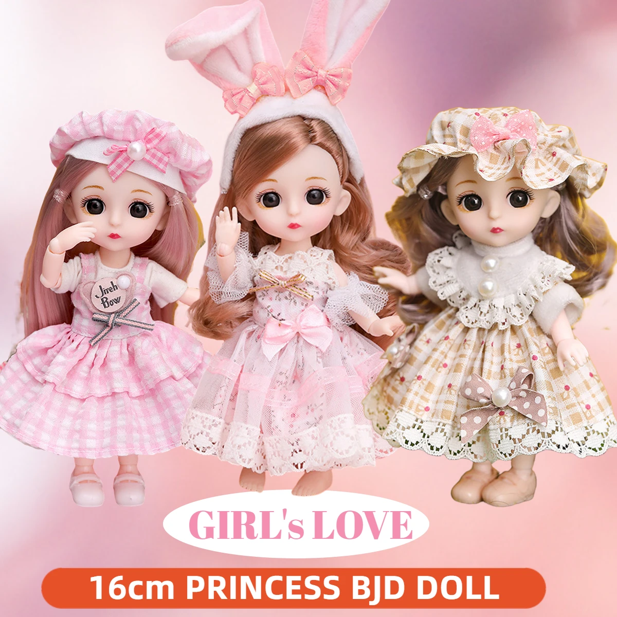 16cm Sweet Face BJD Doll with Clothes and Shoes, Big Eyes Princess 1/12 Scale Action Figure, DIY Movable 13 Joints Gift Girl Toy