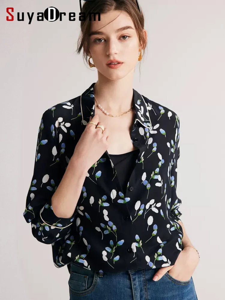 

SuyaDream Women Floral Shirts 100%Pure Silk Turn Down Collar Printed Chic Blouses 2023 Spring Summer Office Lady Top Navy