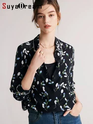 SuyaDream Women Floral Shirts 100%Pure Silk Turn Down Collar Printed Chic Blouses 2023 Spring Summer Office Lady Top Navy