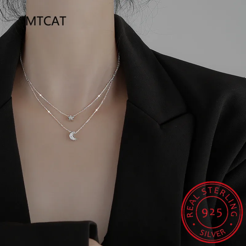 

Double Layer Chain Simulated Moissanite Diamond Necklace For Women Genuine 925 Silver Moon And Star Pendant Necklace Jewelry