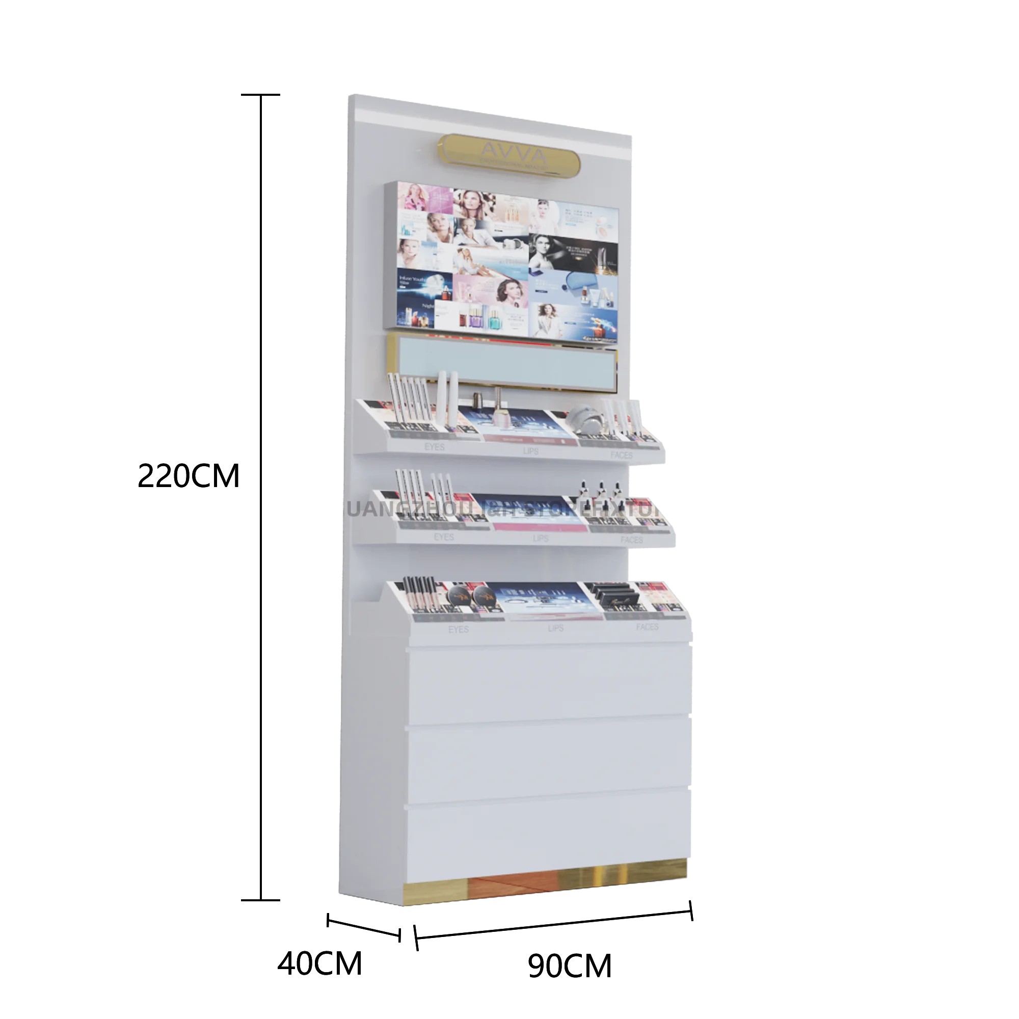 Rak Display Parfum LED Logo Kustom, Meja Display Kosmetik Putih untuk Salon Kecantikan