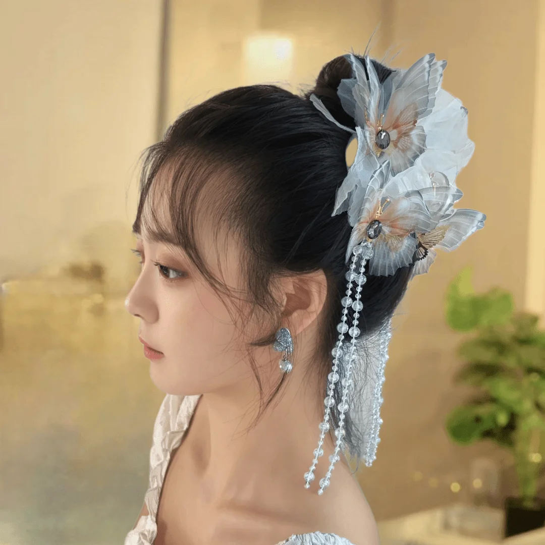 Girls Grab Clip Ancient Style Display Nakrycia głowy 13cm Shark Clip Women Super Moonlight Gauze Dynamic Butterfly Tassel Hair Claw