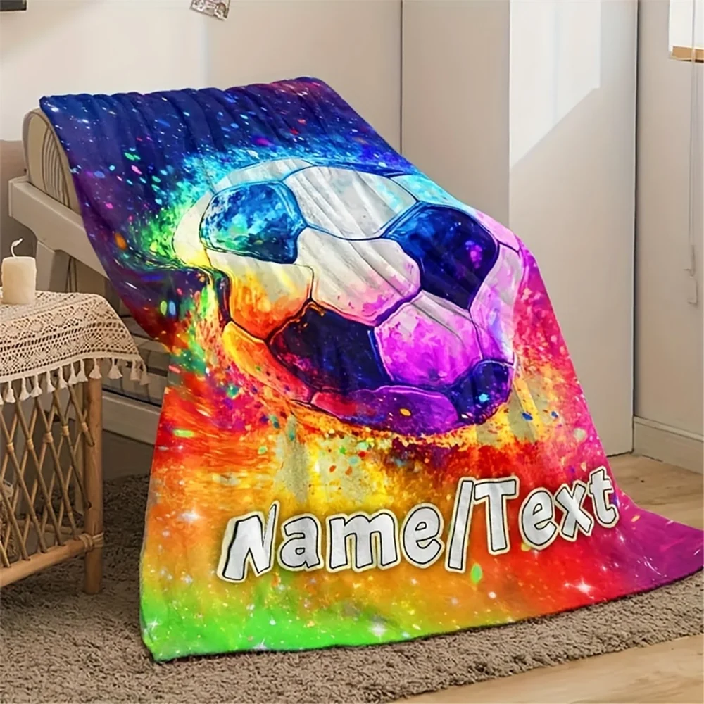 Custom name colourful football fleece blanket, soft blanket, suitable for sofa, bed, birthday, children, friends, gift