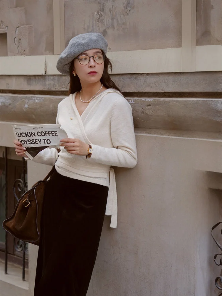 

Оригинальный вязаный свитер с капюшоном Elwing, женский зимний новый корейский дизайн, топ с поясом и поясом, закрывающий талию