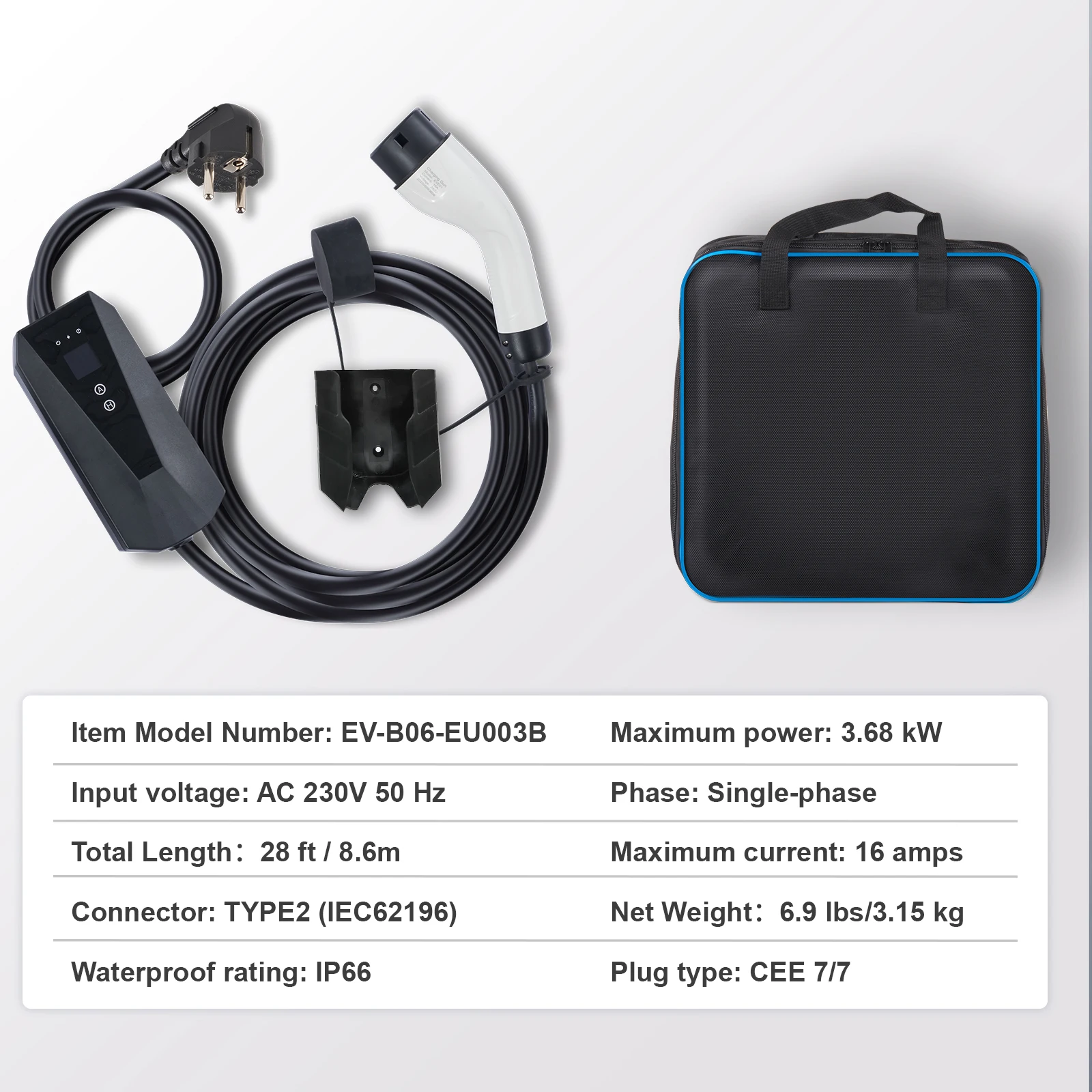 SucceBuy draagbare EV-oplader type 2 16A 3,68 kW en 25ft oplaadkabel, CEE 7/7-stekker LCD-scherm voor het opladen van elektrische voertuigen