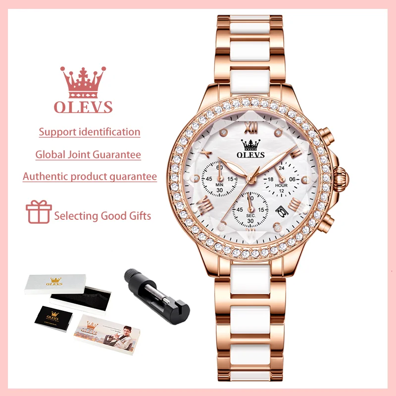 OLEVS Exquisite Women\'s Watches Prismatic Mirror Surface Quartz Watch Chronograph Gift Bracelet Calendar Waterproof Female Watch