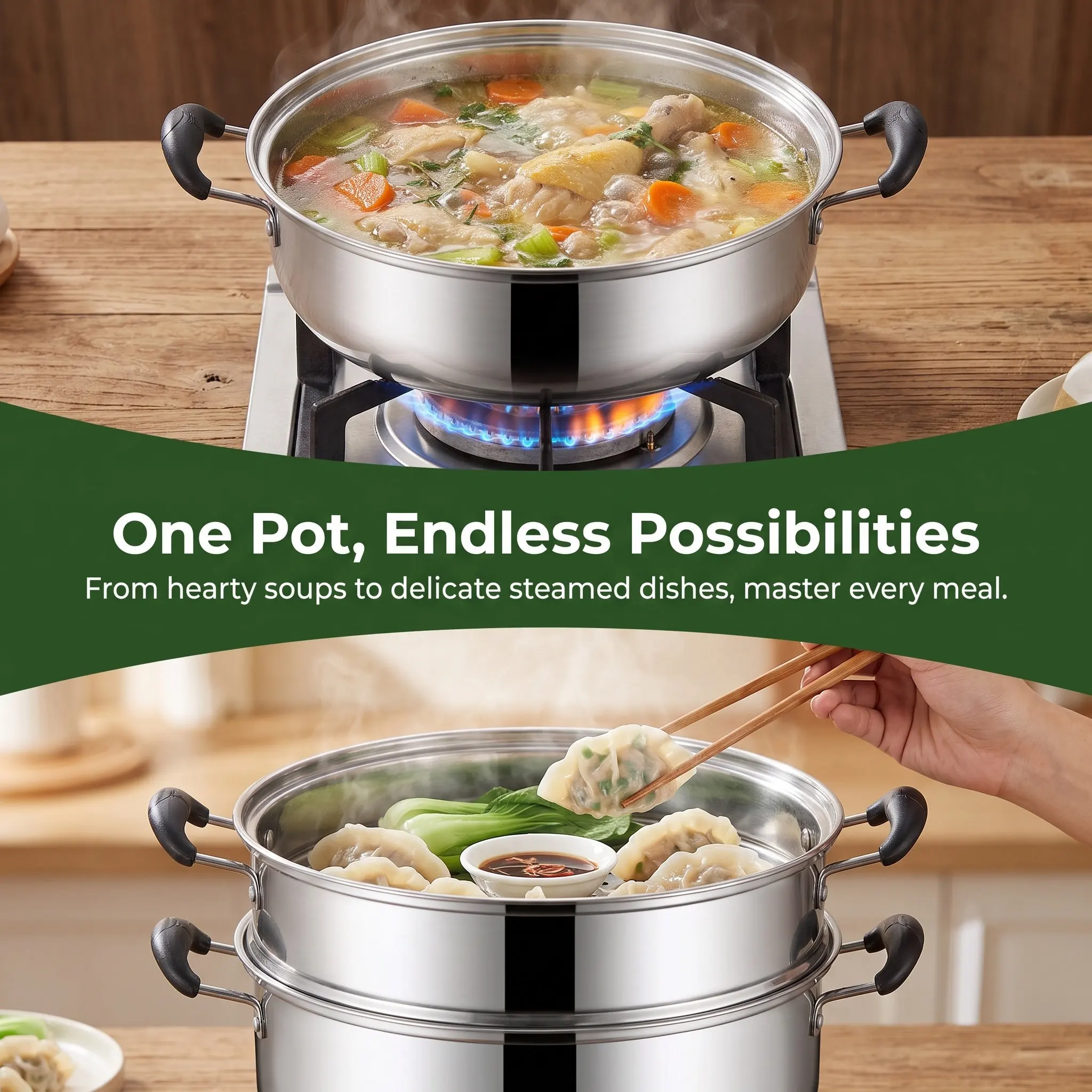 1Pcs Stainless Steel Three-Layer Steamer Pot High Arch Cover Large Capacity Suitable for Induction Cooker Gas Stove Home Kitchen
