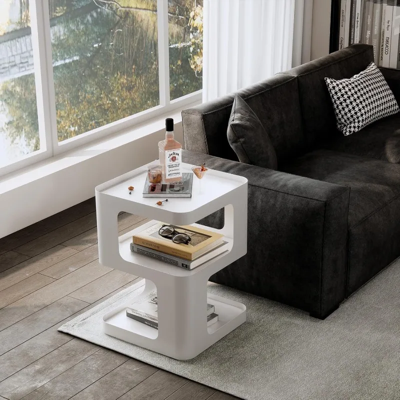 Modern Side Table,White end Table,Unique nightstand,Bedside Table,Metal 3-Tier Night Stand with Storage,Accent Side Table for