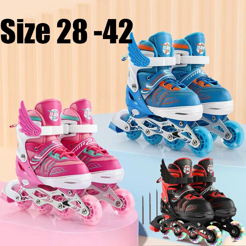 Adjustable Size 28 29 Flash 4 Wheels Skates Inline Roller Skate Shoes Set Outdoor Skating Sport Kids Boys Girls Beginners ABEC 7