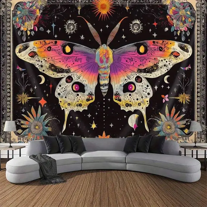 VIKAMA Boho Moth Tapestry Colorful Celestial Butterfly Sun Moon Stars Floral Black Background Wall Hanging Witchy Wall Art Decor