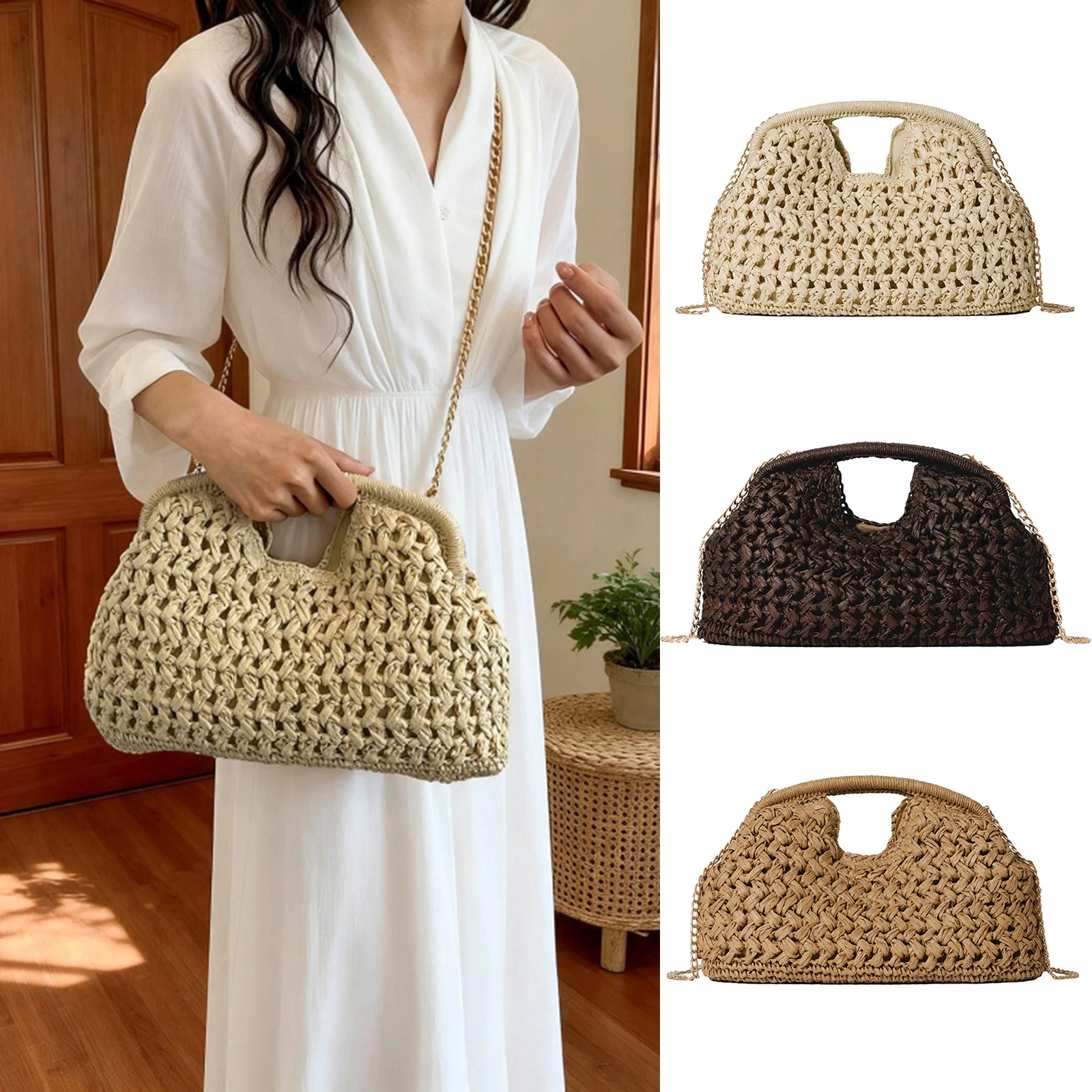 Women Straw Tote Bags Lightweight Beach Woven Purses with Inner Pocket Handbags Solid Color for Summer Vacation Holiday