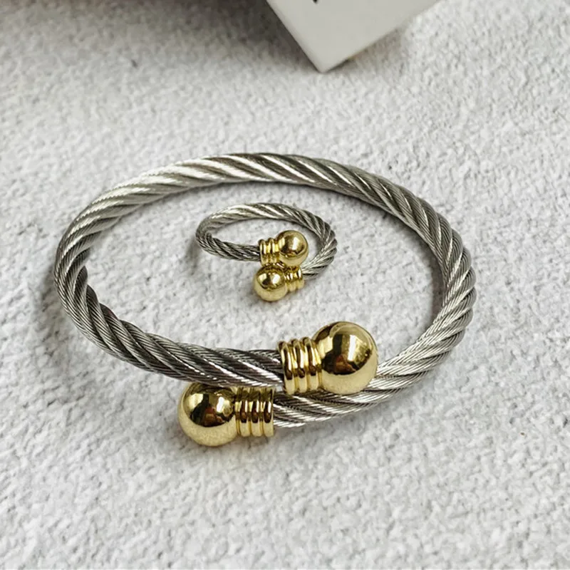 316L Stainless Steel Cable Simple Opening Female Ring Bracelet Wedding Jewelry Set  Conjuntos Feminino Bijoux Enfant Pour Fille