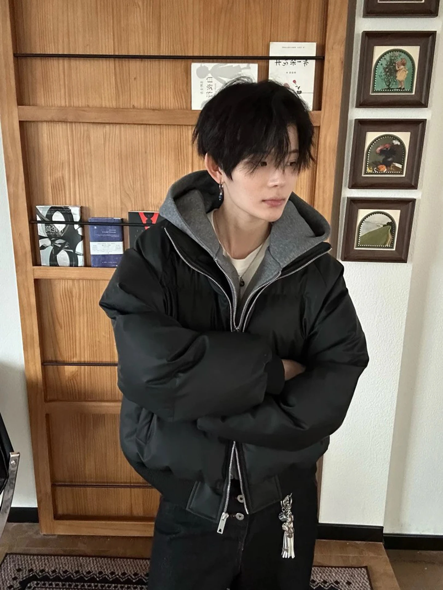 

American Style Loose Casual Hooded down Cotton Jacket Men's Winter Warm Outerwear Bread Coat Couples Matching Polyester Fiber