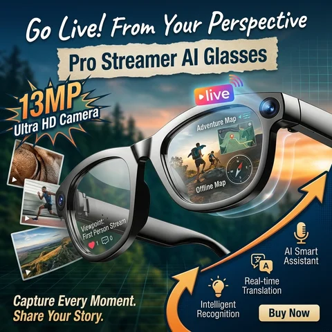 2026 AI Smart Glasses 13MP POV Camera Real-Time Translation Live Streaming Voice Assistant Open-Ear Audio for Office and Travel