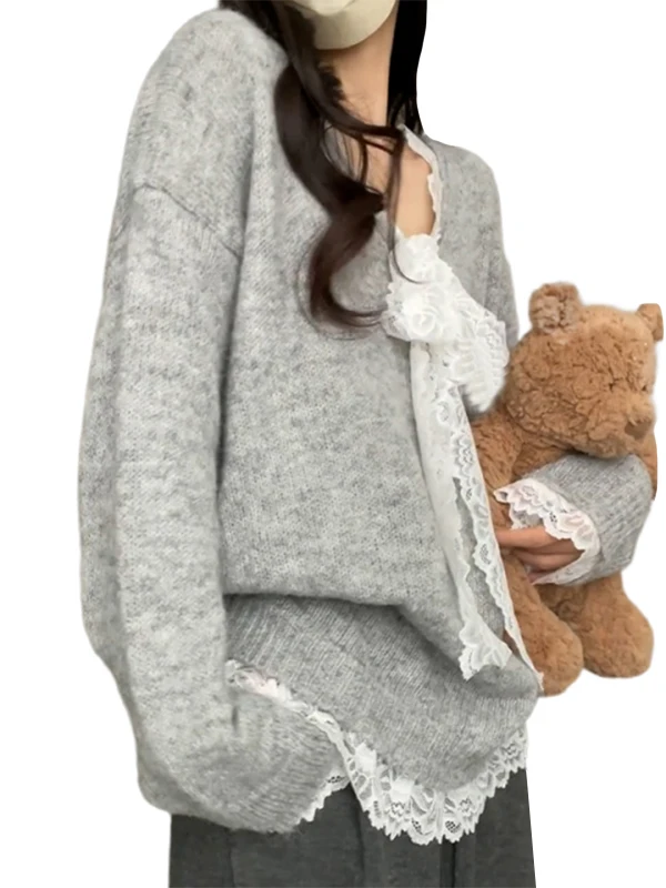 ay V-Ne محبوك سترة المرأة الخريف الشتاء فضفاضة تناسب مريحة Sle الراقية الشعور عادية فضفاض متماسكة