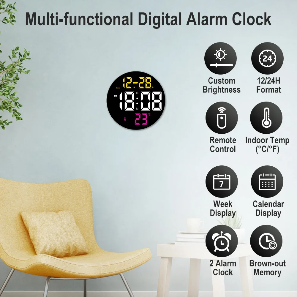 BORUiT LED Remote Control Digital Wall Clock Calendar and Temperature Display Date Week LED Alarm Clock for Home Decoration
