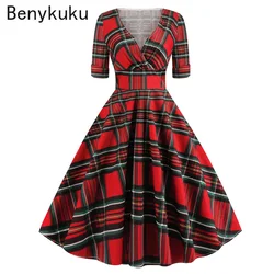 Red Plaid Wrap Tartan Vintage Autumn Dress 2025 Half Sleeve Sexy V Neck Women Clothes Elegant Cotton Party Rockabilly Dresses