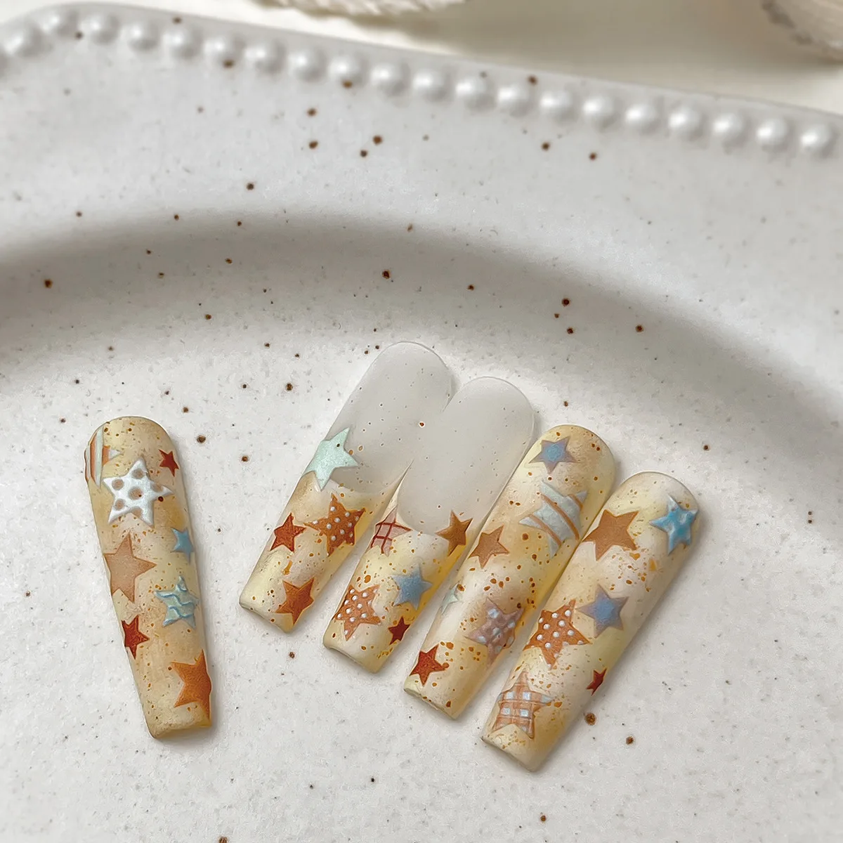 1pc 5D Grid Polka Dot Line Star Nail Art Sticker Autumn Y2K Brown Blue Dotted 5-Pointed Star Adhesive Nail Decal Manicure Decals