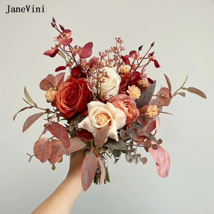 

JaneVini Vintage Caramel Bridal Bouquets Artificial Silk Roses Flowers Hydrangea European Wedding Bouquet Accessories for Bride