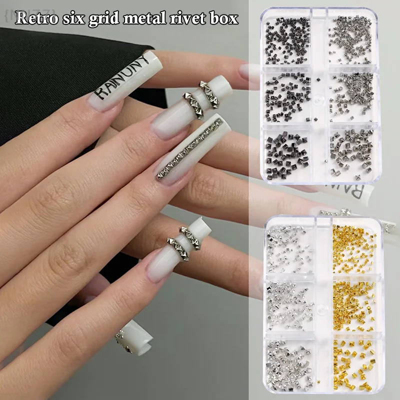 6グリッド3Dミニパンクメタルネイルスタッズ-ミックスサイズシルバー/ゴールド/ブラック、合金リベットスティックコーン、DIYネイルアートチャーム＆クラフトデコレーション