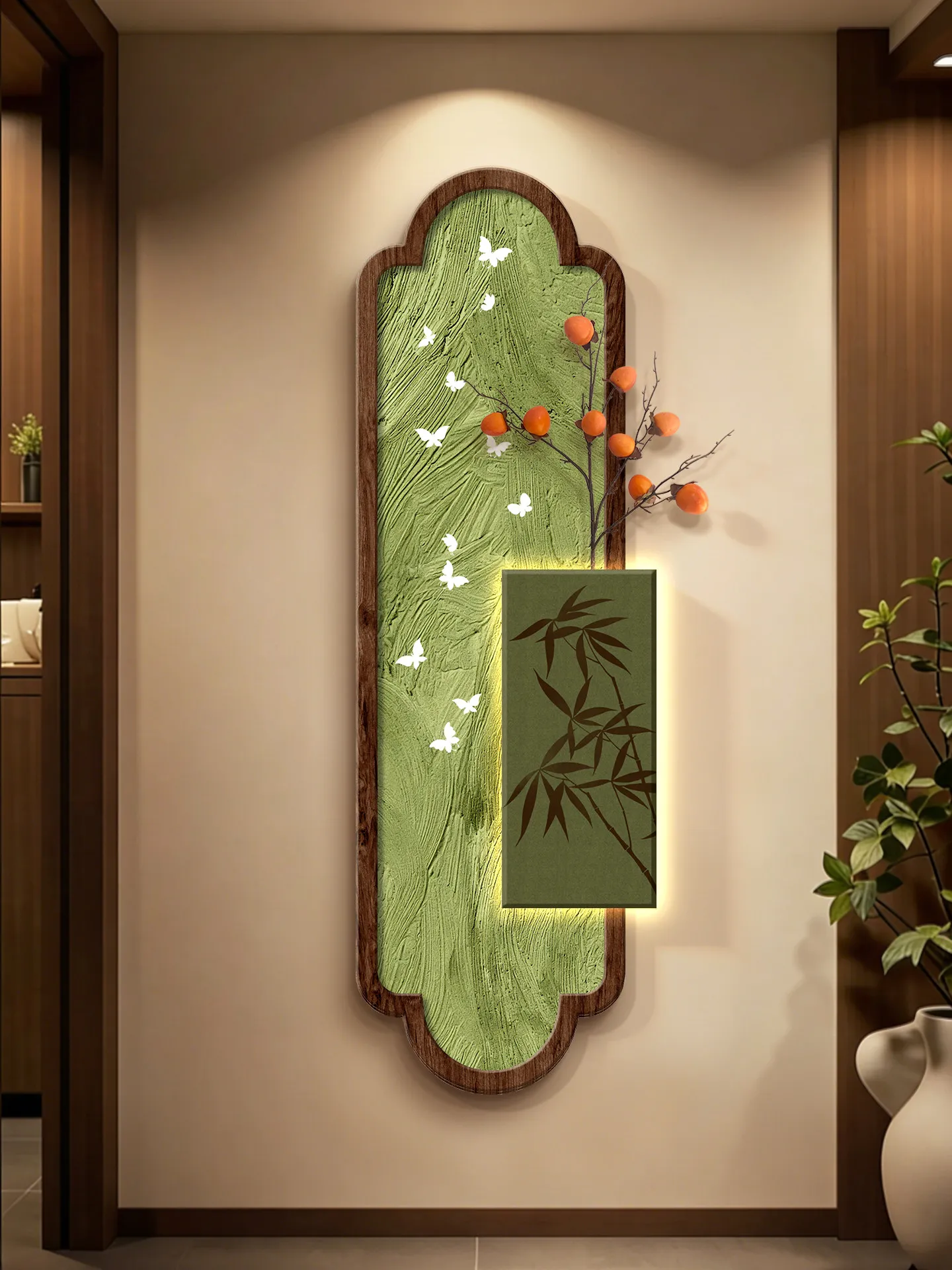 Middle ancient style background wall decoration, green plants, living room entrance door, hanging paintings, wall lamps
